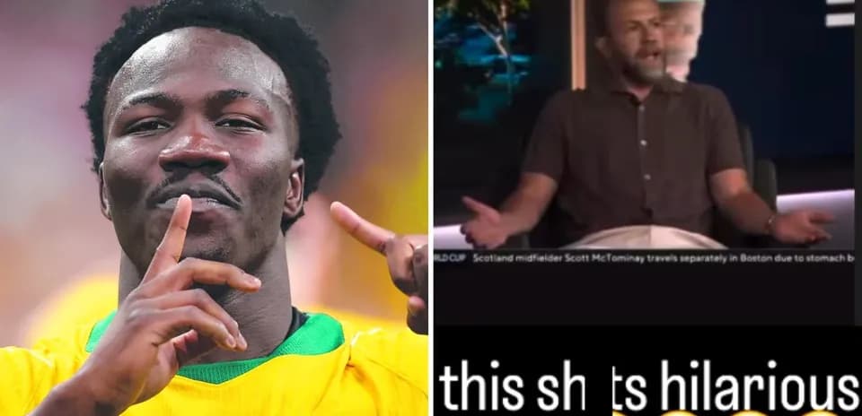 Athlete celebrating goal alongside a talk show host