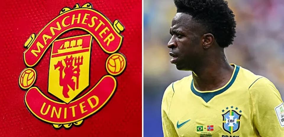 Логотип Manchester United и игрок в желтой форме Бразилии