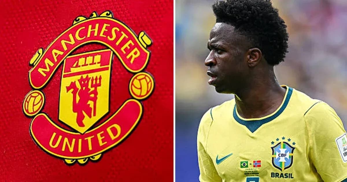 Логотип Manchester United и игрок в желтой форме Бразилии