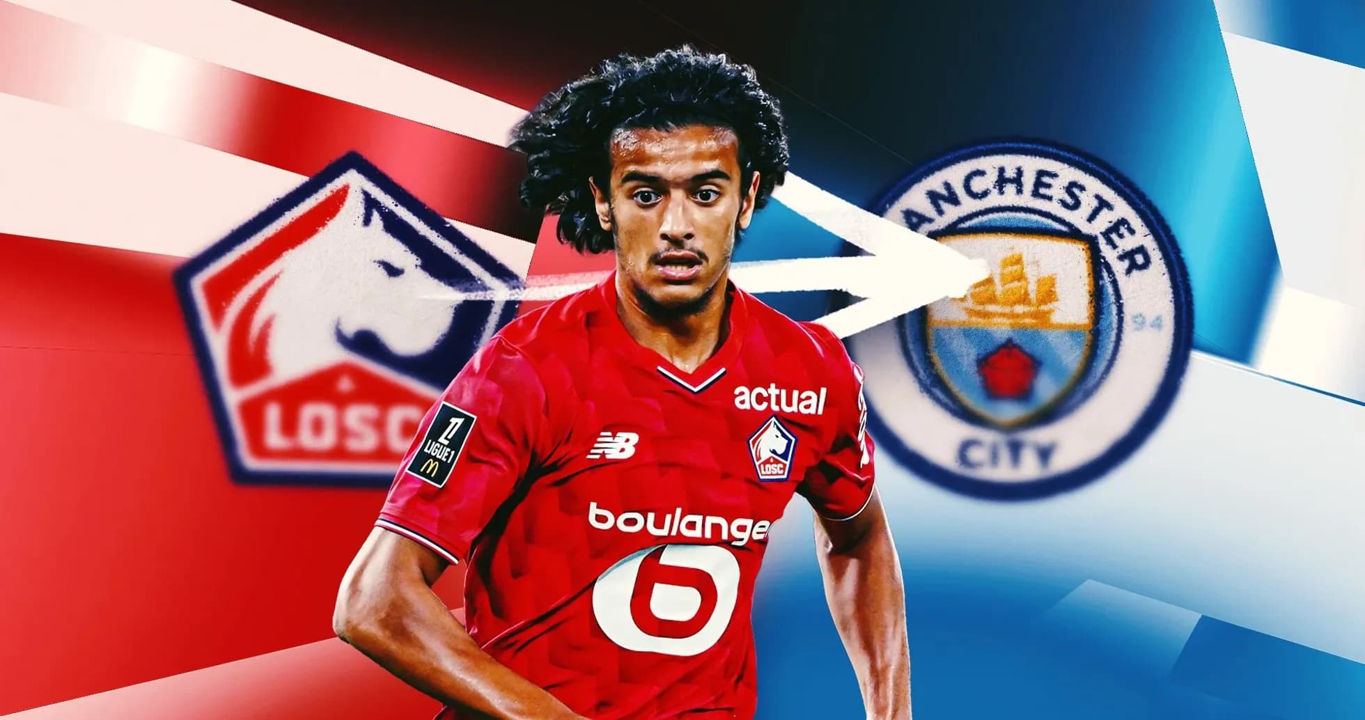 Игрок LOSC в красной форме с логотипом Manchester City