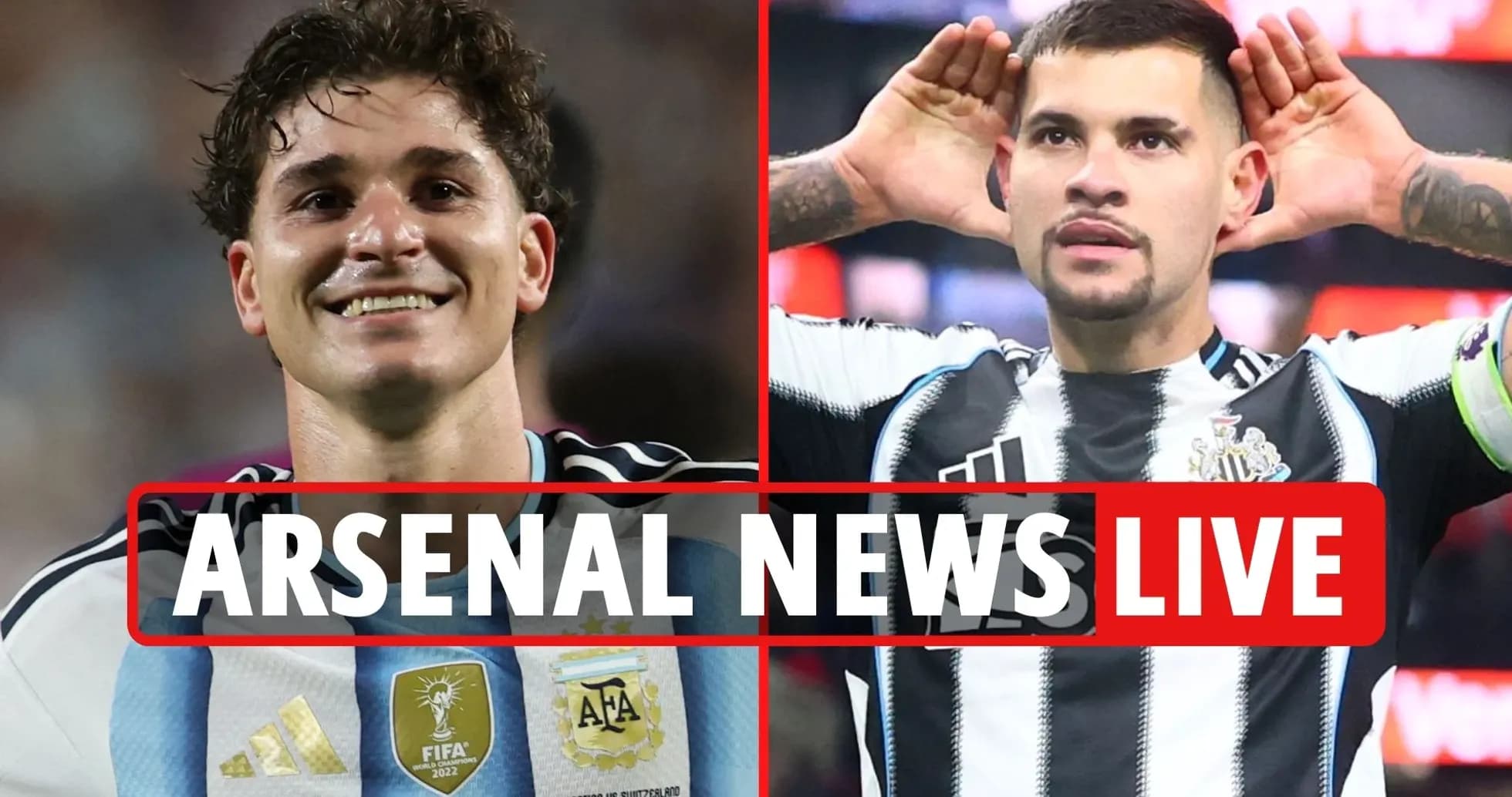 Два футболиста на фоне заголовка Arsenal News Live