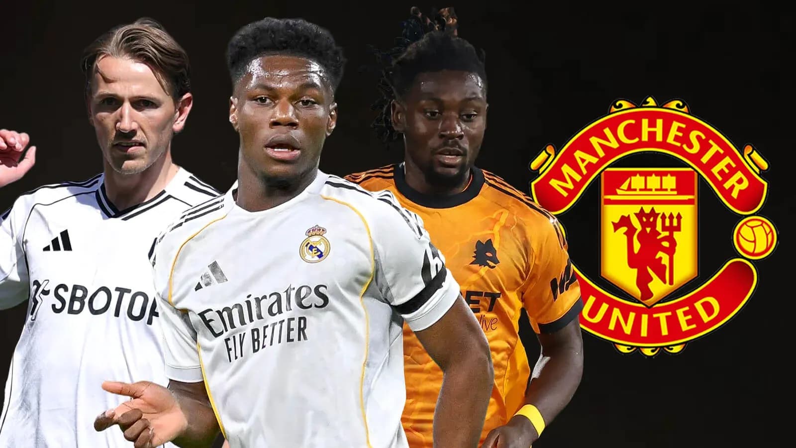 Три футболиста на фоне логотипа Manchester United