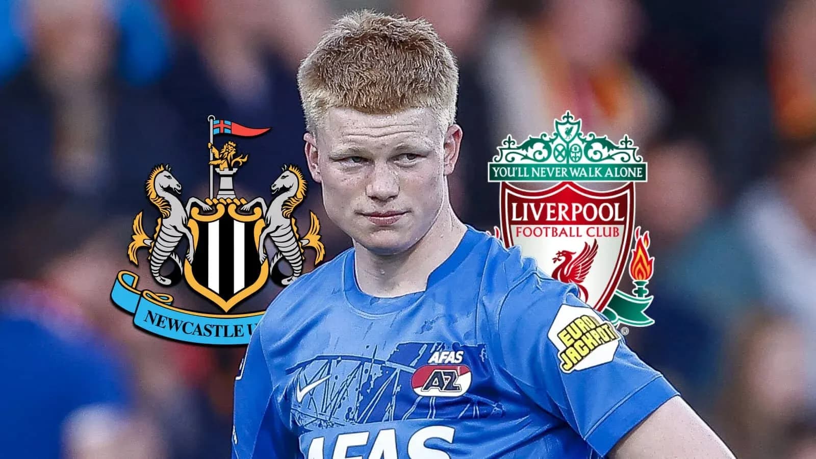 Игрок AZ Alkmaar с логотипами Newcastle и Liverpool
