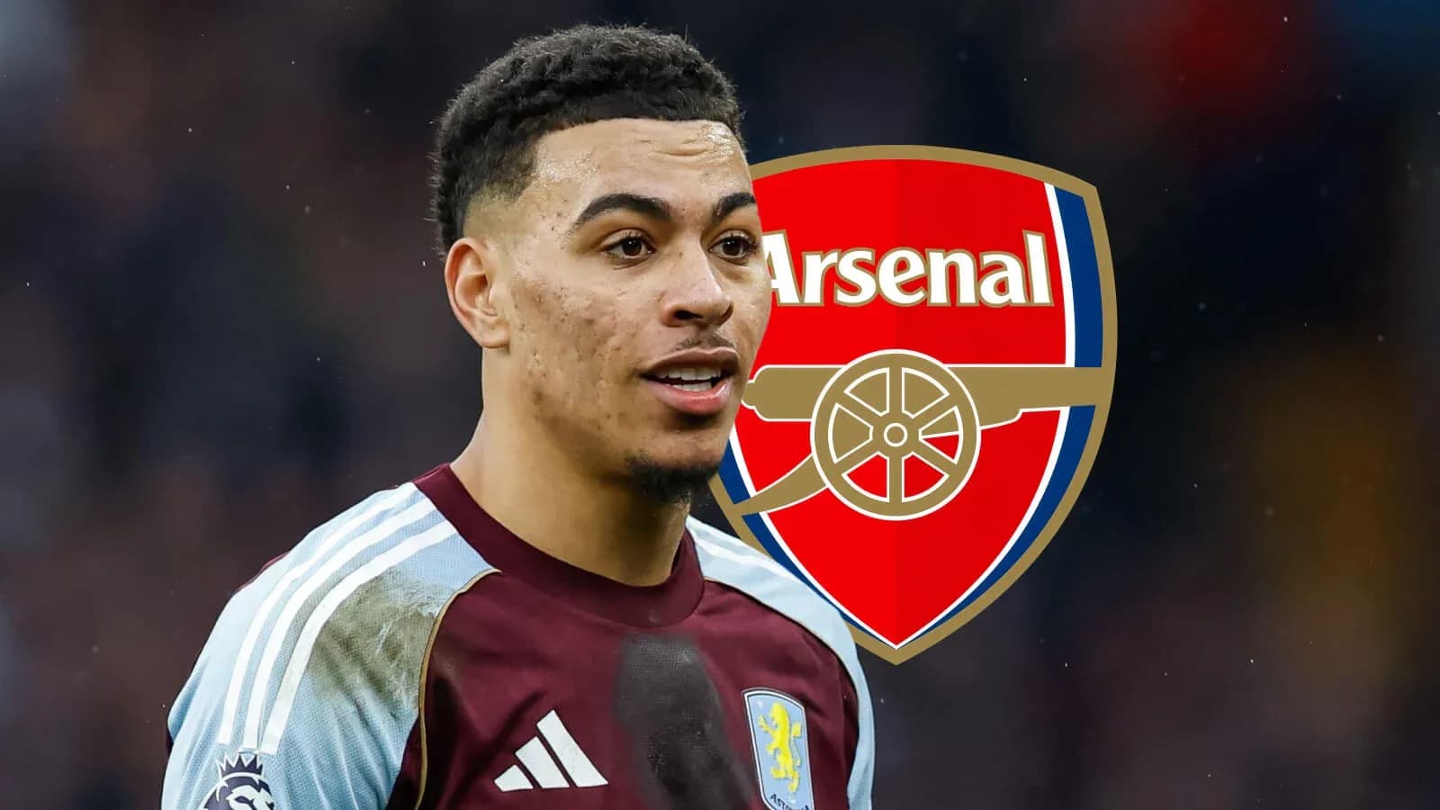 Игрок в футбольной форме Aston Villa на фоне логотипа Arsenal