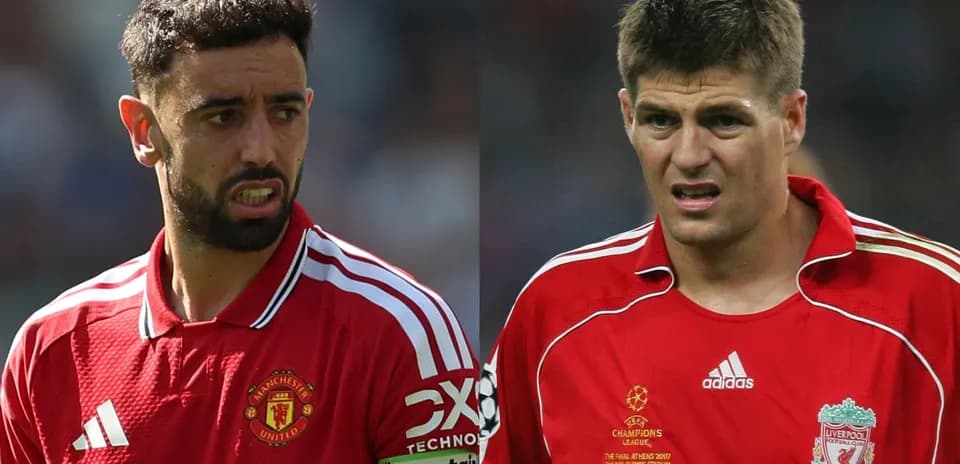 Bruno Fernandes and Steven Gerrard in football kits