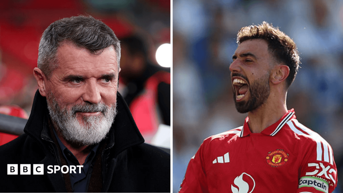 Roy Keane smiling and Bruno Fernandes celebrating