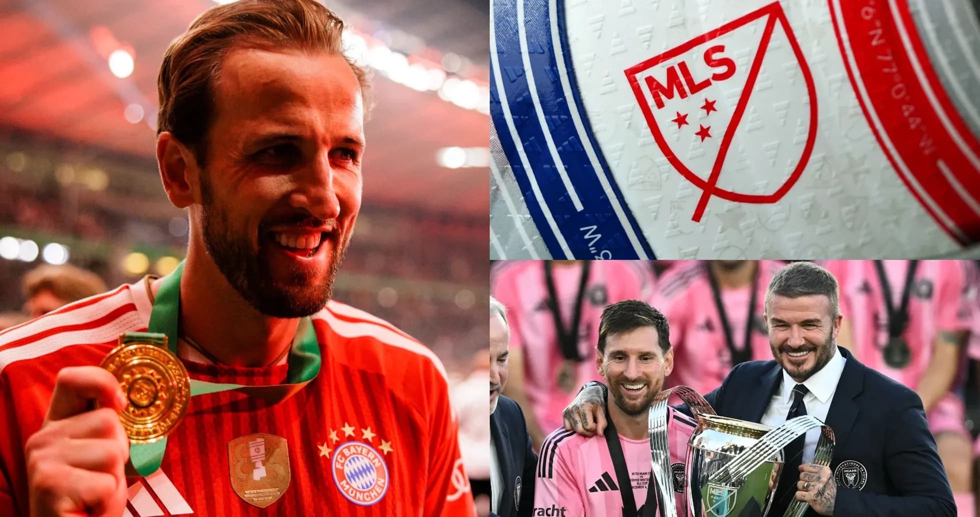 Гарри Кейн с медалью, логотип MLS и Месси с Бекхэмом