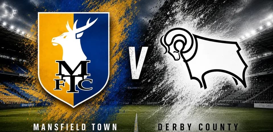 Логотипы Mansfield Town и Derby County с надписью 'v'