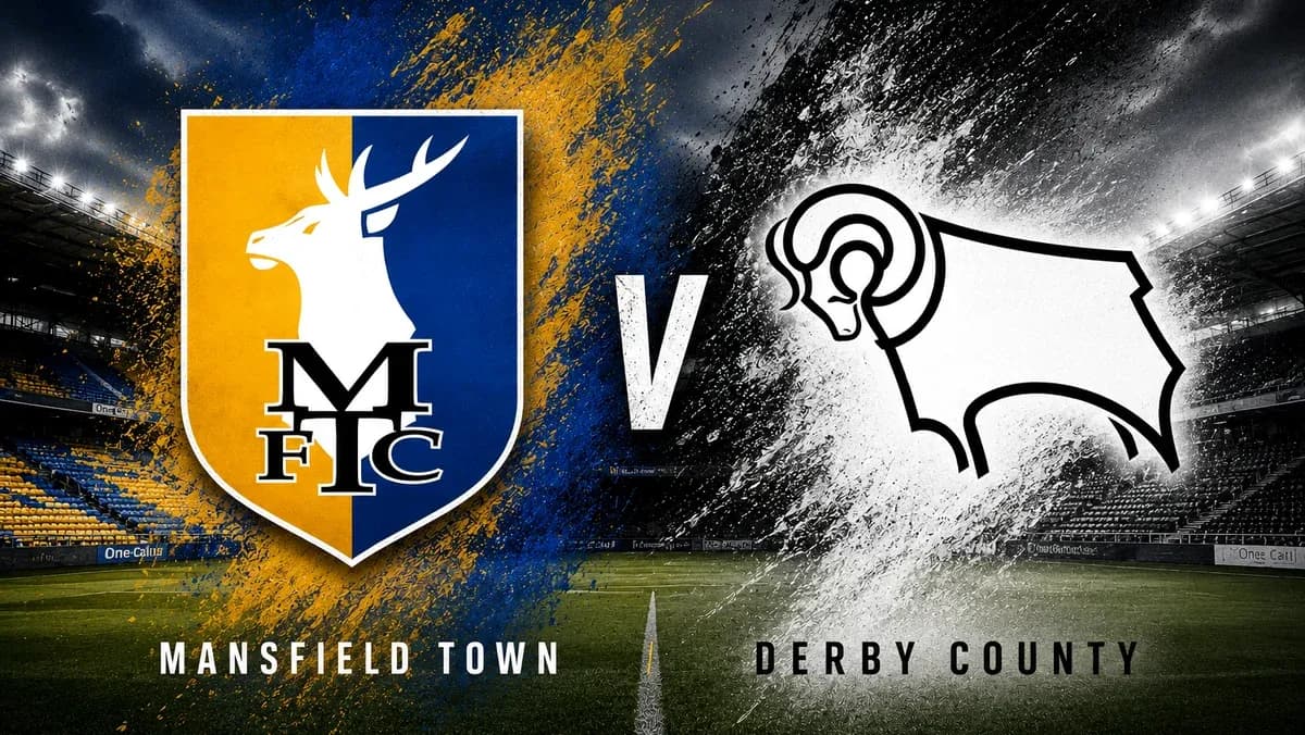 Логотипы Mansfield Town и Derby County с надписью 'v'