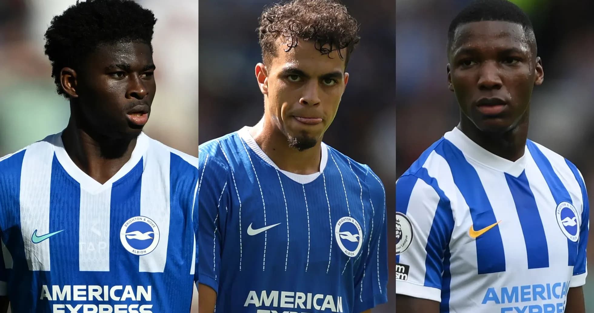 Трое игроков Brighton в синих футболках на поле Трое игроков Brighton в синих футболках на поле